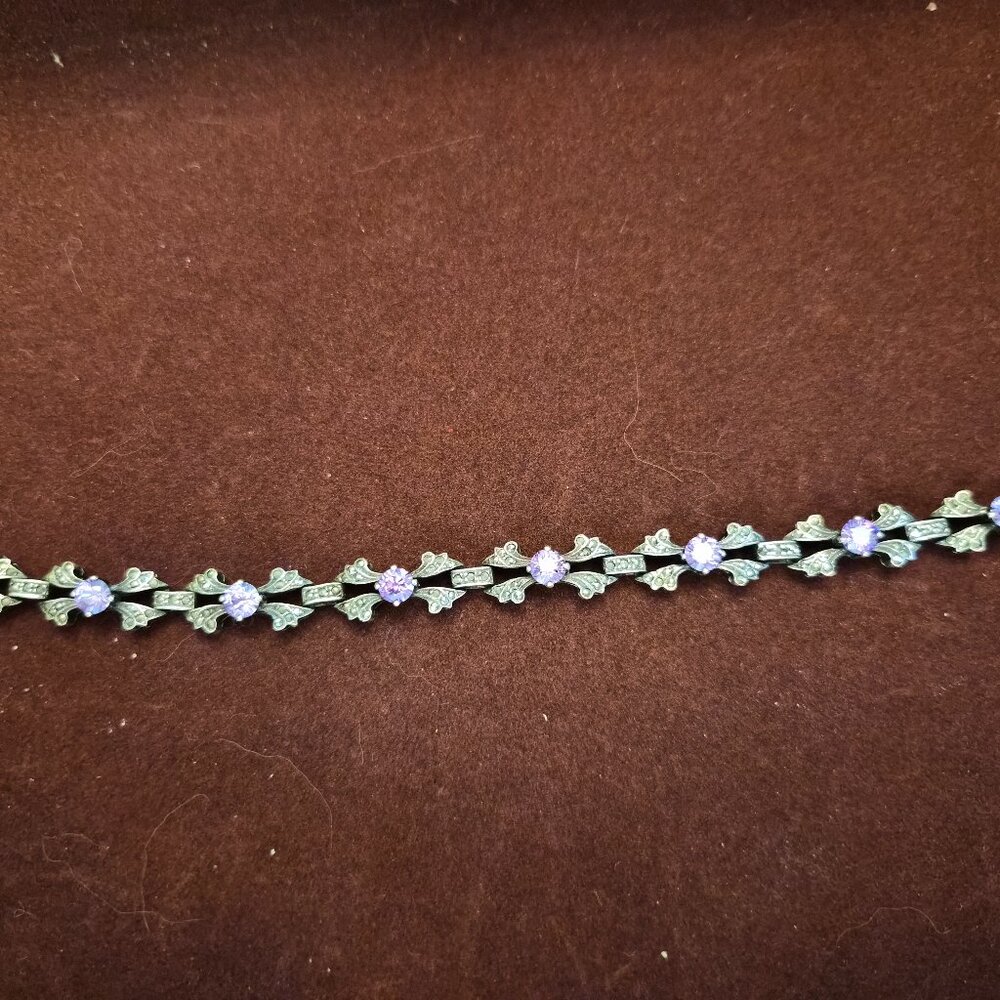 Vintage Sterling Silver Rhinestone Bracelet Floral Motif Pave Link Bracelet